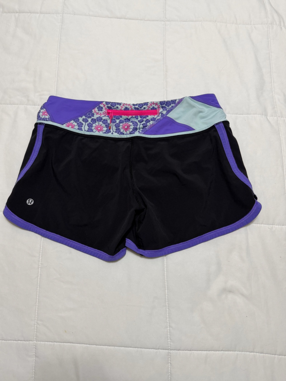 lululemon athletica Black Shorts with Purple Trim and Mint Floral Waistband